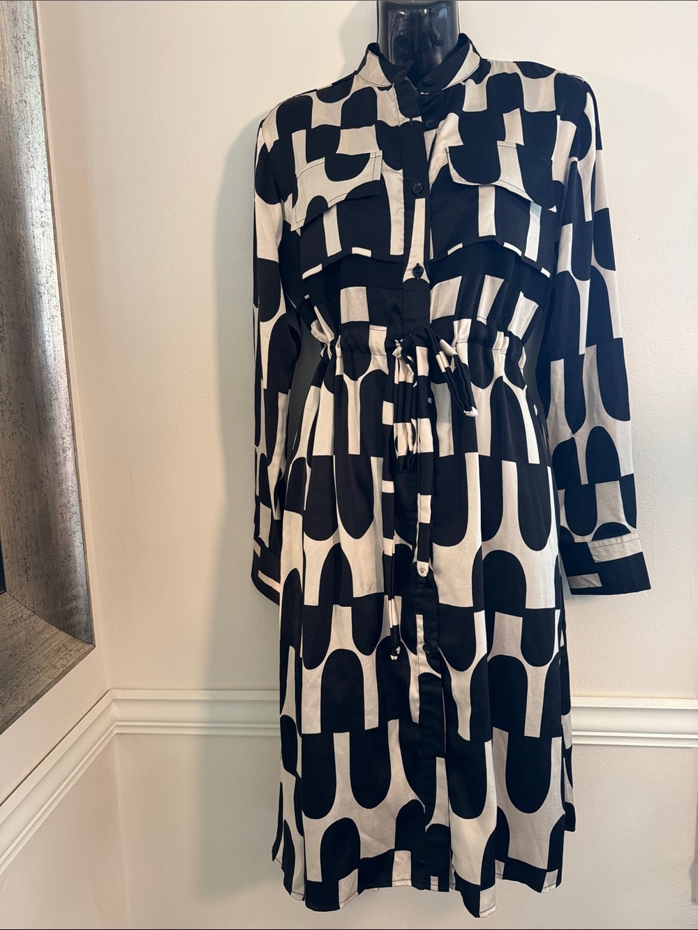 Haute Baso Rwanda Designed Black & Cream Geometric Coat/Dress | Size Small